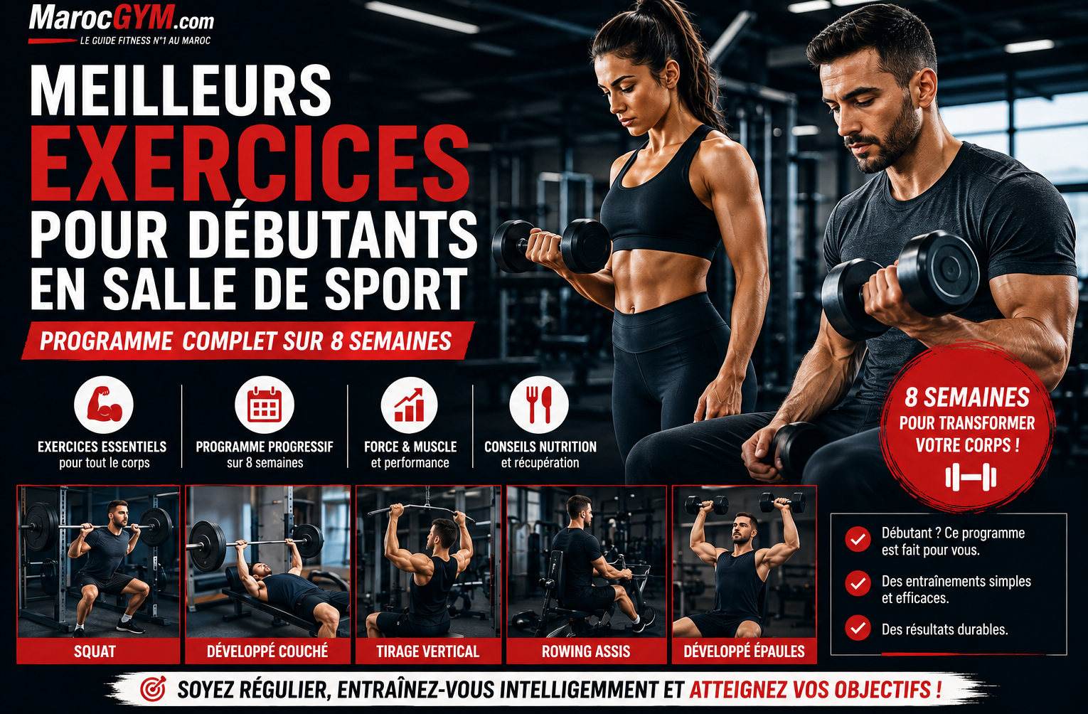 Meilleurs exercices pour débutants en salle de sport et programme de 8 semaines